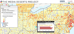 The Media Deserts Project includes a map that shows how many newspapers cover different areas and how many adults are subscribing to them.