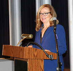 The Honorable Jennifer L. Sargus, retired Belmont County Court of Common Pleas judge, addresses the audience at the “Women in Leadership” seminar at Ohio University’s Eastern Campus.