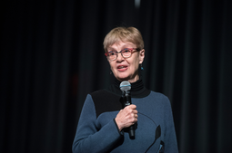 Dr. Carolyn Lukensmeyer speaks on civility in Ohio University's Baker Ballroom.