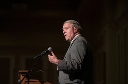 OHIO President M. Duane Nellis introduces Carolyn Lukensmeyer and speaks about the Challenging Dialogues lecture series.