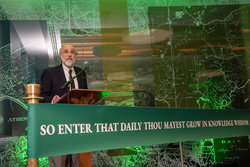 Executive Vice President and Provost Dr. Chaden Djalali speaks at the Ellis Hall ribbon cutting.
