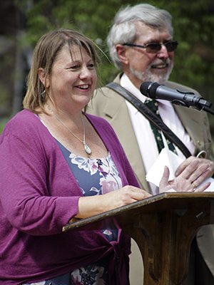 Beth Stilwell reads an excerpt from a speech in Emeriti Park