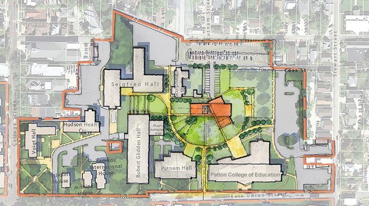 Pictured is an artist's conceptual drawing of the site plan possibilities presented by the Patton Center for Arts and Education. 