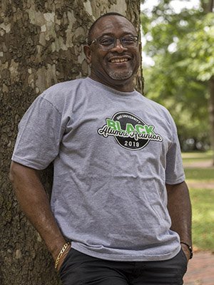 Tyrone Carr, MED ’00, special assistant to the vice president for Ohio University Advancement and executive director of the Interlink Alliance, models this year’s Black Alumni Reunion T-shirt available through The Bobcat Store.