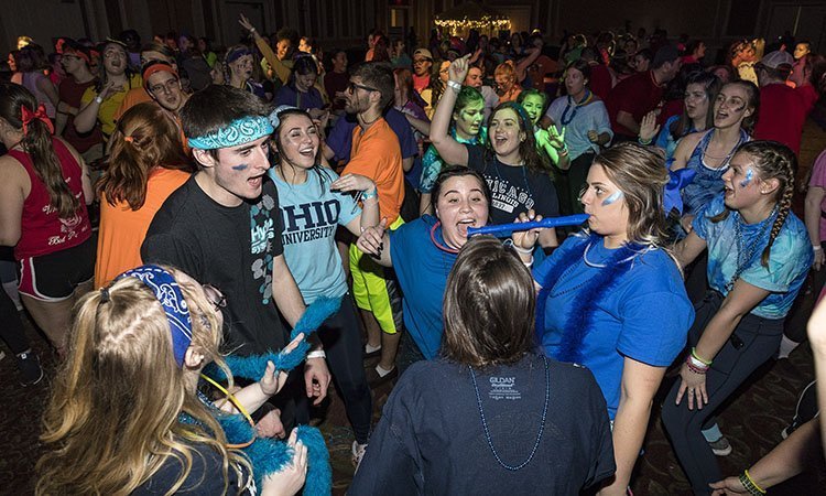 Ohio University students dance during the Rave Hour of BobcaThon 2019, held Feb. 16 in the Baker University Center Ballroom.