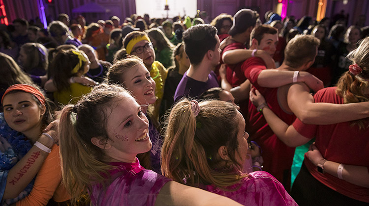 Ohio University students join in circles before team contribution announcements are made at BobcaThon 2019. This year’s BobcaThon 12-hour dance marathon is scheduled for Saturday, Feb. 15, in the Baker University Center Ballroom. Photo by Max Catalano, BSVC ’20