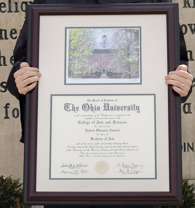 The Bobcat Store offers premier diploma frames that display both a graduate’s degree and an iconic image from the University’s Athens Campus.