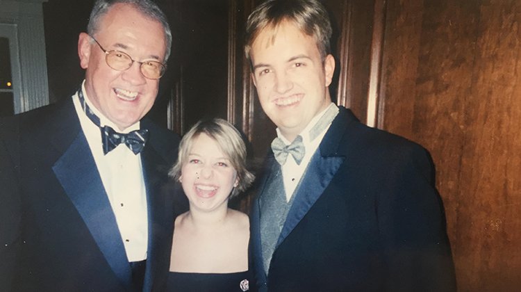 Casey Christopher, BSC ’02, is pictured with Ohio University President Emeritus Robert Glidden and fellow Bobcat Michael Murphy, BSJ, BA ’02. Christopher and Murphy served on Senior Class Council together as treasurer and president, respectively.