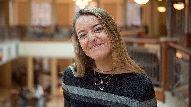 Janie Dulaney, BSJ ’19, the first recipient of the Long Family Communication Scholarship, is pictured inside Ohio University’s Baker University Center.