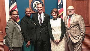 (From left) Dr. Dwan Robinson, chair of The Patton College’s Educational Studies Program and program coordinator for the EPPLC, joins Ohio-based cohort members Kelly Davidson, Jacqueline Miller and Thomas Stevenson for a photo with Ohio Congressman Steve Stivers. Photo courtesy of Jacqueline Miller