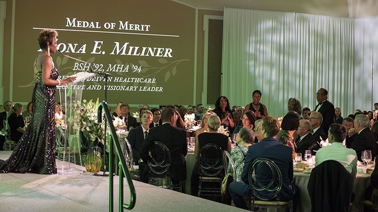 Medal of Merit recipient Mona Miliner, BSH ’92, MHA ’94, acknowledges family and friends who have supported her in her journey to success. 