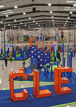 Wide view of Play:CLE, an indoor adventure park