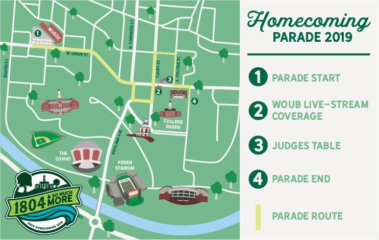 Pictured is a graphic showing the route for the 2019 Homecoming Parade.