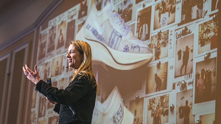 Ann Hebert, BBA ’92, shares her journey from Ohio University undergraduate to vice president of global sales for Nike during a keynote address Jan. 31 in the Baker University Center Ballroom. Photo by Eli Burris, BSJ ’16