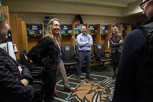 Ann Hebert, BBA ’92, takes a walk down her Bobcat memory lane, touring the OHIO Women’s Basketball locker room she spent a significant amount of time in when she was a student at the University and a four-year member of the team. Photo by Mack Wagner, BSVC ’21