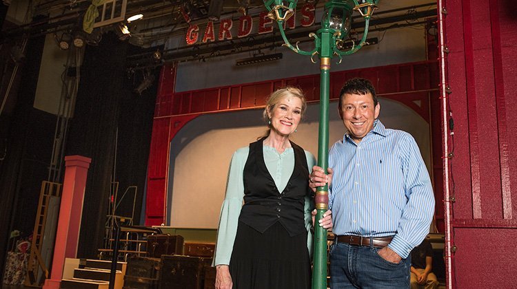 Victor Jones, a lecturer in and artistic director of Ohio University Lancaster’s Theatre Program, is all smiles as he poses for a photo with longtime friend Jennifer Myers, who starred in the program’s 2018 summer community production, “Hello, Dolly!”