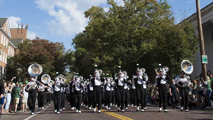 Ohio University's Marching 110 performs in the 2017 Homecoming Parade.