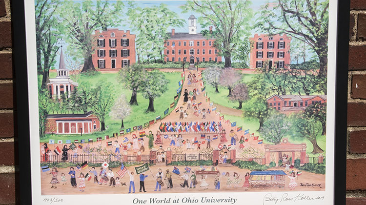 Betsy Ross Koller’s “One World at Ohio University – Spring Print” showcases College Green in the spring and highlights one of the season’s most-cherished traditions at OHIO, International Week.