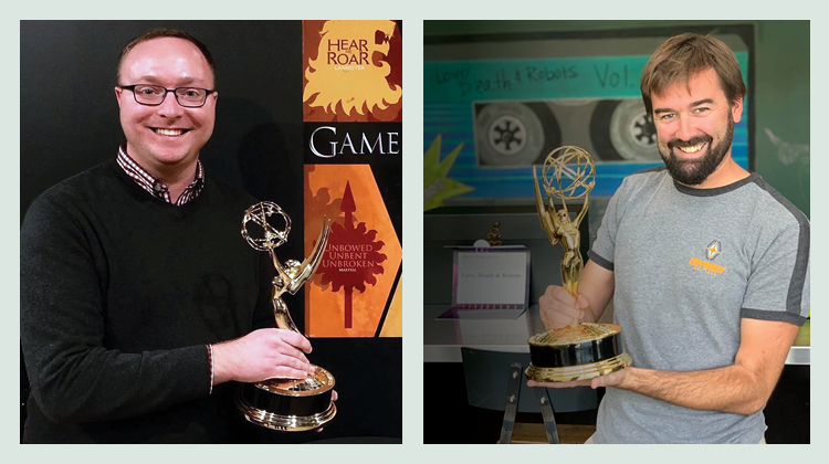 Thomas Wagener (left) and Wes Cronk, both 2009 graduates of Ohio University’s Honors Tutorial College, show off the awards their respective production teams won at the 2019 Emmy Awards.
