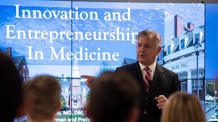 Dr. Frank Papay, chair of the Dermatology and Plastic Surgery Institute at the Cleveland Clinic, delivers a lecture titled “Innovation and Entrepreneurship in Medicine” at the Ohio University Heritage College of Osteopathic Medicine’s Cleveland Campus.