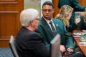 Russ College of Engineering and Technology Dean Dennis Irwin interacts with one of the College’s Karol A. and Jo Ondick Engineering Ambassadors.