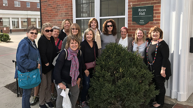 Several of the women who resided in Ryors Hall during the 1969-70 academic year gather for a group photo outside of their former Ohio University home during a 50-year reunion this past October. They are: Kathy Drummer, BSED ’73; Mary Adams; Mary (Riestenberg) Rush, BSHSS ’73; Anne Taylor; Debby Tinker, BSED ’73; Mellen (Monaghan) Reckman, BSHSS ’73; Roberta “Birti” Hardie, BSED ’73; Donna (Murr) Mast, BSC ’73; Marianne Moyer O’Donnell; Jean (Vincent) Wykoff, BSHSS ’73; Gay (Leeka) Schueller, BFA ’73; and Jan (Cunningham) Hodson, BSHEC ’73, MSHCS ’96.