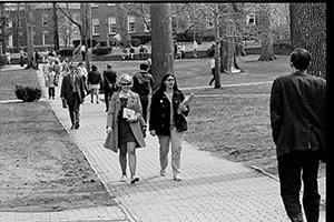 Nancy Grimm, BA ’73, (on right) is seen walking through College Green in this photo from 1970. Photo courtesy of the Mahn Center for Archives and Special Collections