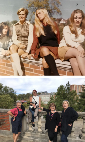 During their visit to campus, several of the women seized an opportunity to recreate a photo taken outside of Ryors Hall during their first year at the University. Pictured in the photo from 1969 are (from left) Jean (Vincent) Wykoff, Marianne Moyer O’Donnell, Leslie Fuller and Birti Hardie. Pictured in the photo from 2019 are (from left) Jean (Vincent) Wykoff, Marianne Moyer O’Donnell, Birti Hardie and Mary (Riestenberg) Rush.