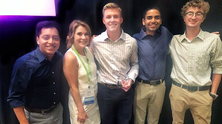 Student Alumni Board members (from left) Eli Hendrix, BSHCA ’22, Paige Kirby, BSC’ 21, Jacob Batson, BSCE ’21, Ravi Harley, BS’ 21, and Ryan Hartland, BBA’ 21, are pictured with the Outstanding Student Advancement Organization Award the group received at the Council for Advancement and Support of Education (CASE) Affiliated Student Advancement Programs (ASAP) Network Convention.