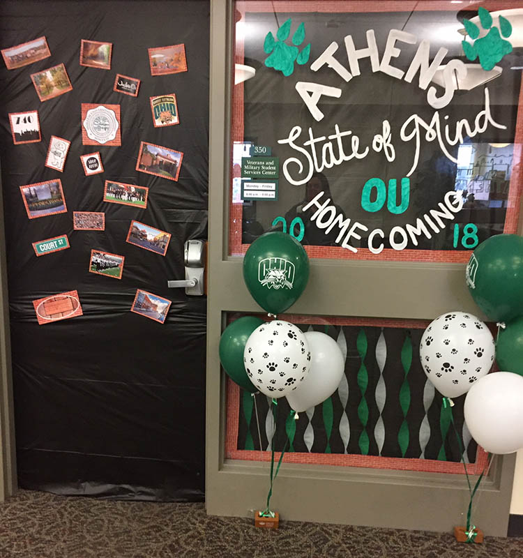 OHIO-themed balloons and photos as well as this year’s Homecoming logo greet visitors to the Brigadier General James M. Abraham and Colonel Arlene F. Greenfield Veterans and Military Student Services Center for Paint the Town Green.