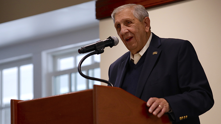 Ohio University graduate Frank Zammataro, BS’63, speaks at the College of Business’ Select Leader Annual Alumni Day after being surprised with the first-ever Walter Leadership Center Leadership Legacy Award.