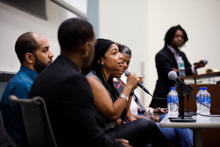 Alumni panelist Jennifer Moore, BSJ ’07, speaks during the Alvin Adams Symposium.