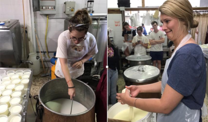 Paige Kirby carefully ladles the ricotta into the cups. Emma Kokaska shapes a mozzarella ball.