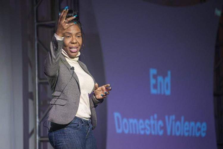 Drea Kelly speaks to a crowd in Baker University Center Ballroom. Photo by Eli Burris