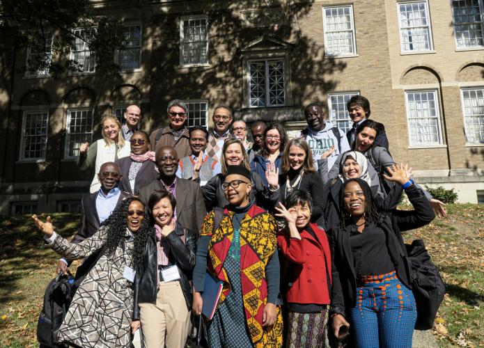 Members from the 2019 Global COIL Symposium group pose for a fun photo outside of E.W. Scripps Hall during the Global COIL Symposium. Photo by Alaina Bartel