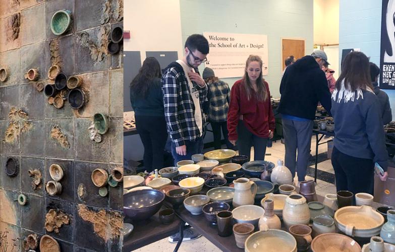 People looking at pottery displays