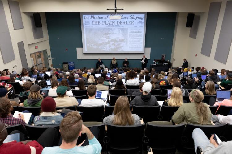 Veteran journalist Seymour Hersh, who won a Pulitzer Prize for breaking the My Lai story, and David Crane (BA ’72 and MA ‘73), former chief prosecutor for the United Nations Special Court for Sierra Leone, joined Haeberle on the panel.