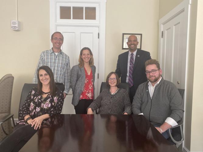 (From top left) Chief of Staff/Special Assistant to the Vice President for Finance and Administration Chad Mitchell, Senior Director of NASPA’s Culture of Respect Alli Tombros Korman, Vice President for Student Affairs Jason Pina, (from bottom left) Director of Survivor Advocacy Program Kim Castor, Chief of Staff to the Executive Vice President and Provost Cary Frith and Assistant Director of Health Promotion Mat Hall meet to guide OHIO’s Culture of Respect Task Force.  