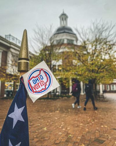 A voting sticker is displayed outside of Baker University Center on Nov. 5.