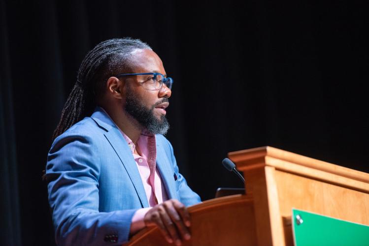 Al Letson speaks to students, staff and faculty during the Challenging Dialogues series on April 22, 2019 in Baker Theater. 