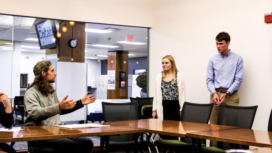 Audrey Bull and Ed Drabold present to stakeholders their idea about a freshman class designed to inspire them to achieve their dreams. They developed this idea in the fall of 2018 through the Stanford University Innovation Fellows program. Photo: Alaina Bartel