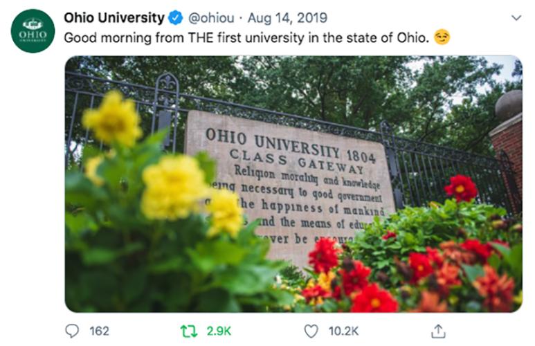 This Aug. 14, 2019 tweet generated well over 10,000 likes, nearly 3,000 retweets and 162 comments, helping to propel Ohio University’s social media efforts to sixth in the nation.