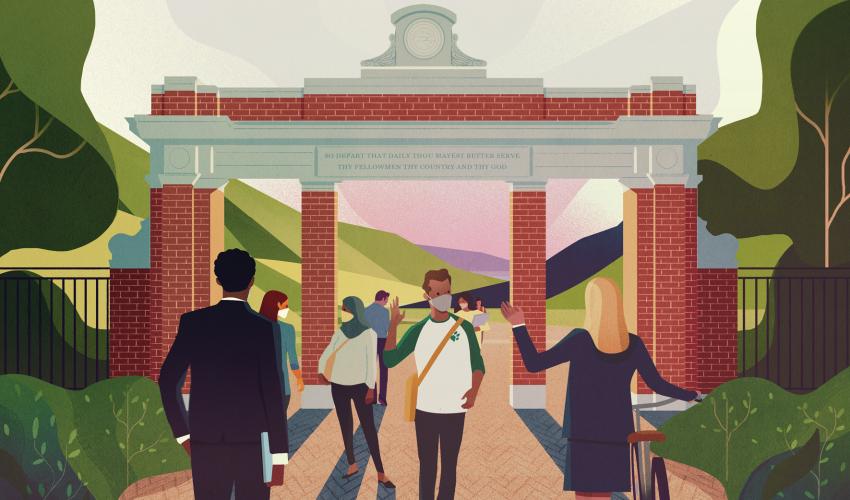 This illustration, featuring students and alumni passing through Ohio University's Alumni Gateway, is featured on the cover of Ohio Today's fall 2020 issue.