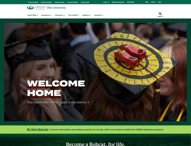 Screenshot of Ohio University homepage with commencement image 