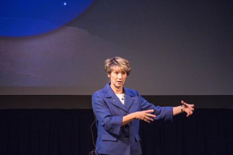 Eileen Collins speaking on stage