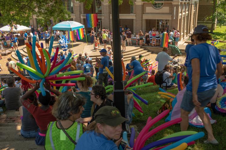 Athens Community members gather to listen to speakers following the city's first PRIDE PARADE in 2018.