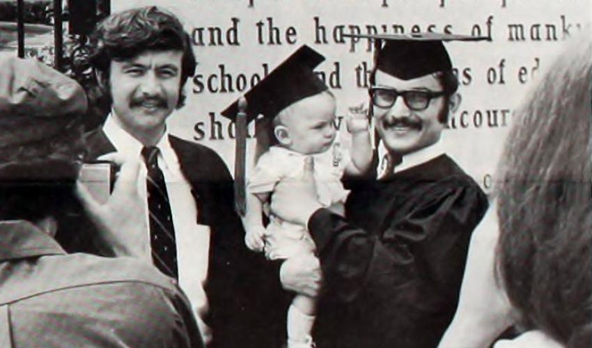 This photo, taken by Harry Snavely and featured in the July 1971 Ohio University Alumni Journal, shows June 1971 OHIO graduates posing for photos in front of the Class Gateway following Commencement ceremonies held in the Convocation Center.