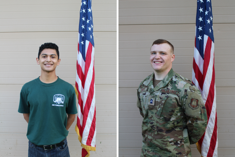 A collage showing both Jasson Aguilera and Brady Taylor standing in front of the American flag