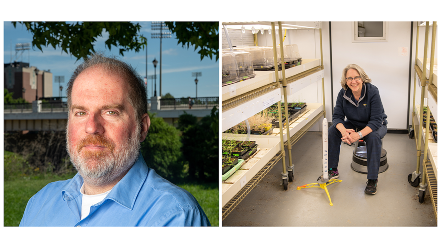 Two pictures side by side, one of Dr. Nathaniel Szewczyk and the other of Dr. Sarah Wyatt in her lab.