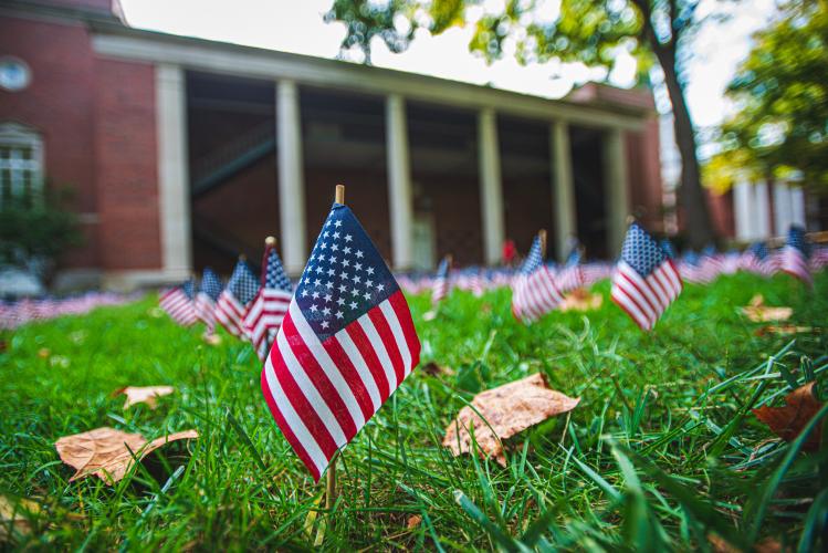 Small American flags on College Green